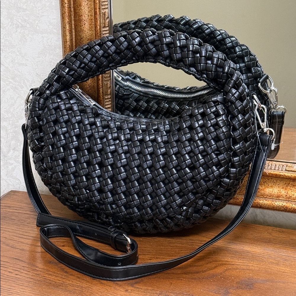 New. Sincerely Jules Elegant Black faux leather Woven Crossbody or handle Bag. - Picture 5 of 16